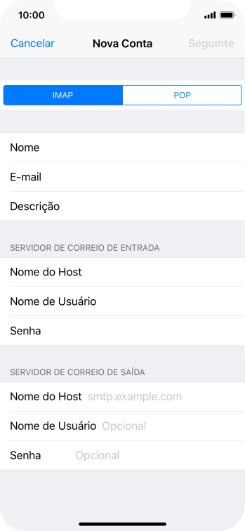 Pressione Nome do Host, e insira o nome do servidor de saída do seu provedor de e-mails. Pressione Nome do Host, e insira o nome do servidor de saída do seu provedor de e-mails.