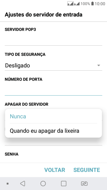 Pressione Nunca para manter os e-mails no servidor, quando você apagá-los do celular. Pressione Nunca para manter os e-mails no servidor, quando você apagá-los do celular.