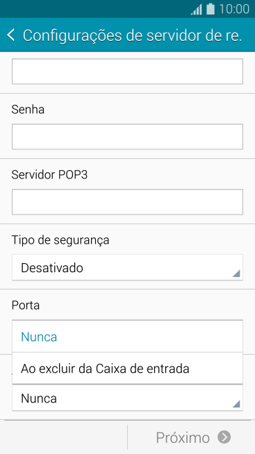 Pressione Nunca para manter os e-mails no servidor, quando você apagá-los do celular. Pressione Nunca para manter os e-mails no servidor, quando você apagá-los do celular.