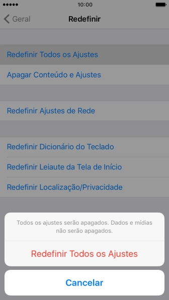 Pressione Redefinir Todos os Ajustes. Pressione Redefinir Todos os Ajustes.