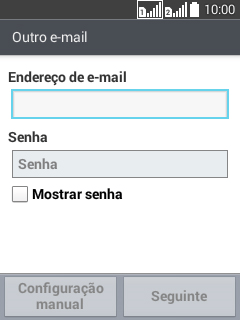 Pressione Senha e digite a senha da sua conta e-mail. Pressione Senha e digite a senha da sua conta e-mail.