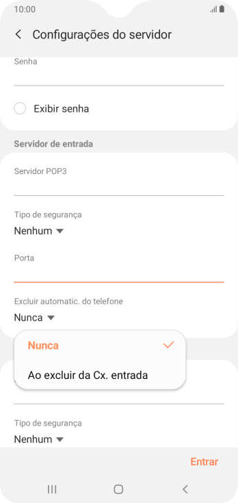 Pressione Nunca para manter os e-mails no servidor, quando você apagá-los do celular. Pressione Nunca para manter os e-mails no servidor, quando você apagá-los do celular.