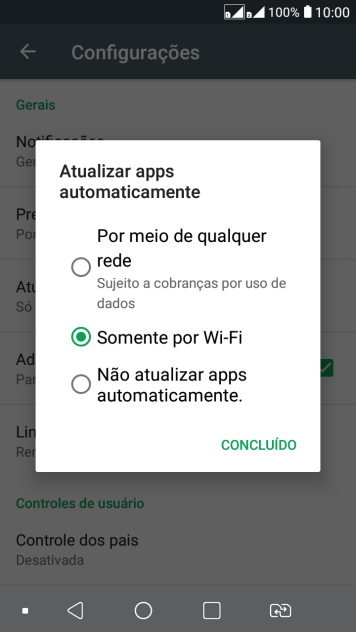 Para ativar a atualização automática de apps via rede celular, você deve pressionar Por meio de qualquer rede. Sujeito a cobranças por uso de dados.. Para ativar a atualização automática de apps via rede celular, você deve pressionar Por meio de qualquer rede. Sujeito a cobranças por uso de dados..
