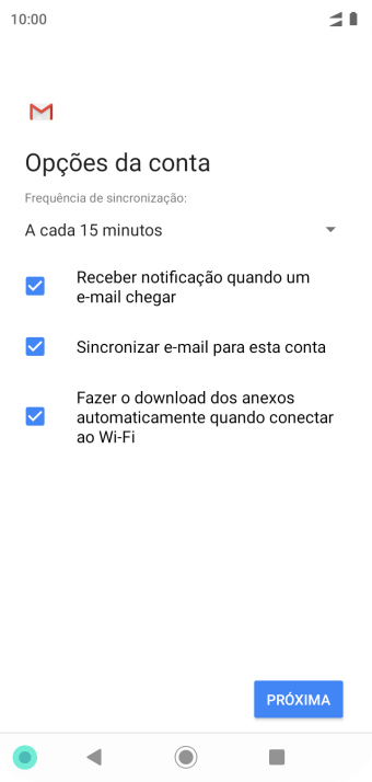 Se a tela mostrar essa imagem, sua conta foi reconhecida e configurada automaticamente. Siga as instruções da tela para inserir mais informações e finalizar a configuração. Se a tela mostrar essa imagem, sua conta foi reconhecida e configurada automaticamente. Siga as instruções da tela para inserir mais informações e finalizar a configuração.