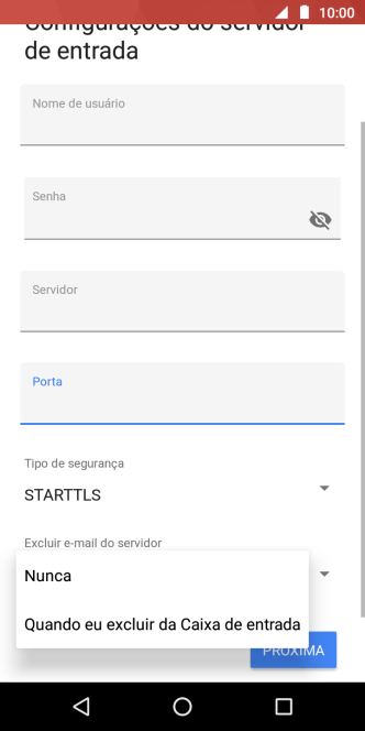Pressione Nunca para manter os e-mails no servidor, quando você apagá-los do celular. Pressione Nunca para manter os e-mails no servidor, quando você apagá-los do celular.