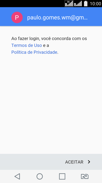 Pressione ACEITAR, e siga as indicações da tela para selecionar as configurações da sua conta Google. Pressione ACEITAR, e siga as indicações da tela para selecionar as configurações da sua conta Google.