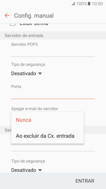 Pressione Nunca para manter os e-mails no servidor, quando você apagá-los do celular. Pressione Nunca para manter os e-mails no servidor, quando você apagá-los do celular.