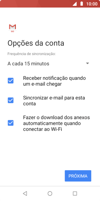 Se a tela mostrar essa imagem, sua conta foi reconhecida e configurada automaticamente. Siga as instruções da tela para inserir mais informações e finalizar a configuração. Se a tela mostrar essa imagem, sua conta foi reconhecida e configurada automaticamente. Siga as instruções da tela para inserir mais informações e finalizar a configuração.