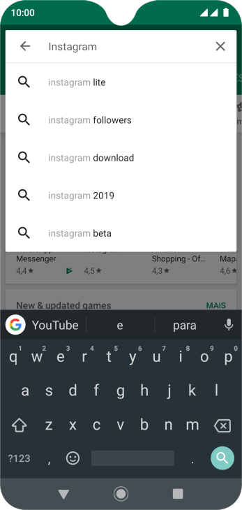 Digite Instagram, e pressione o ícone de busca. Digite Instagram, e pressione o ícone de busca.