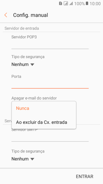 Pressione Nunca para manter os e-mails no servidor, quando você apagá-los do celular. Pressione Nunca para manter os e-mails no servidor, quando você apagá-los do celular.