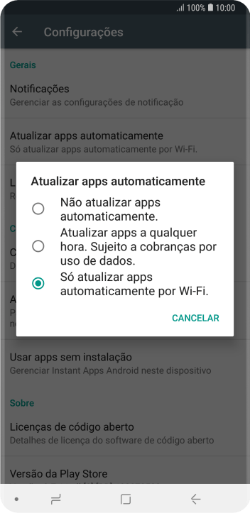 Para desativar a atualização automática de apps, você deve pressionar Não atualizar apps automaticamente.. Para desativar a atualização automática de apps, você deve pressionar Não atualizar apps automaticamente..