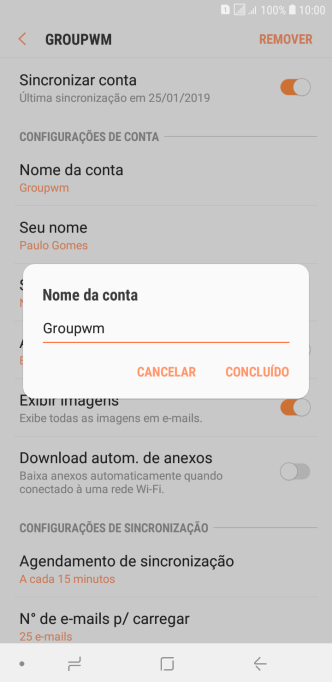Digite o nome da conta de e-mail, e pressione CONCLUÍDO. Digite o nome da conta de e-mail, e pressione CONCLUÍDO.