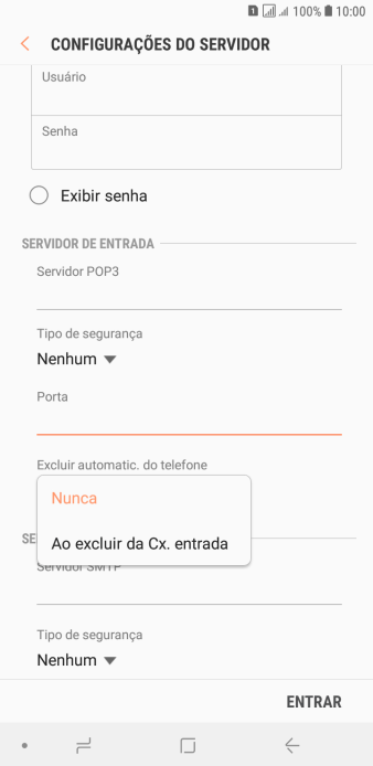 Pressione Nunca para manter os e-mails no servidor, quando você apagá-los do celular. Pressione Nunca para manter os e-mails no servidor, quando você apagá-los do celular.