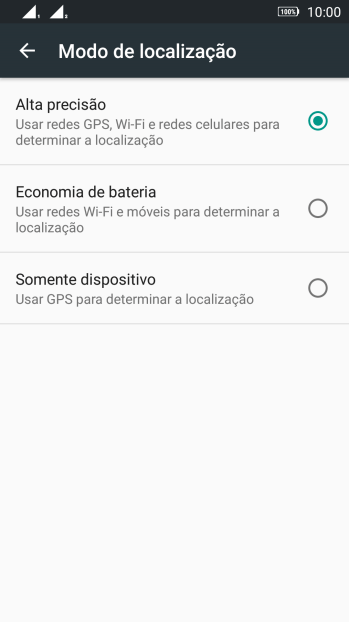 Se você selecionar Alta precisão, o seu celular poderá encontrar sua posição precisa com ajuda dos satélites GPS, rede celular e e da rede Wi-Fi próximos à você. O GPS via satélite requer uma visão livre para o céu. Se você selecionar Alta precisão, o seu celular poderá encontrar sua posição precisa com ajuda dos satélites GPS, rede celular e e da rede Wi-Fi próximos à você. O GPS via satélite requer uma visão livre para o céu.