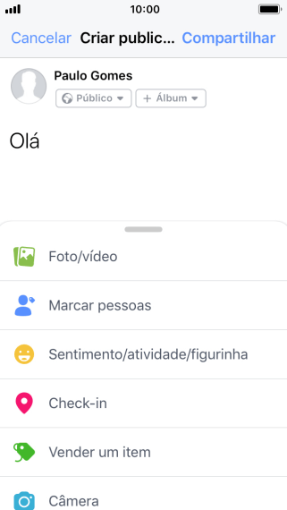 Digite o texto desejado, e pressione Compartilhar. Digite o texto desejado, e pressione Compartilhar.