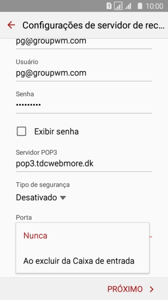 Pressione Nunca para manter os e-mails no servidor, quando você apagá-los do celular. Pressione Nunca para manter os e-mails no servidor, quando você apagá-los do celular.