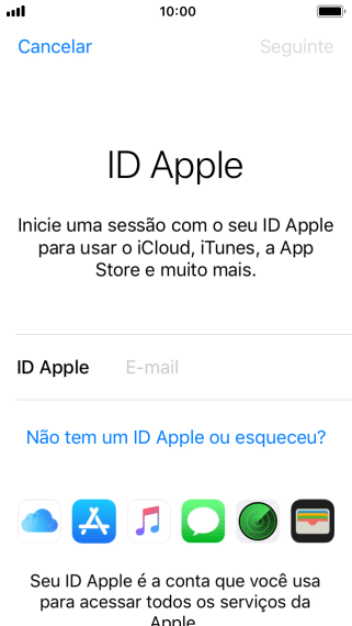 Se você não tiver um ID Apple, deve pressionar Não tem um ID Apple ou esqueceu?, e seguir as instruções da tela para instalá-lo. Se você não tiver um ID Apple, deve pressionar Não tem um ID Apple ou esqueceu?, e seguir as instruções da tela para instalá-lo.