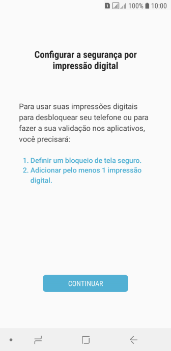 Pressione CONTINUAR, e siga as indicações da tela para criar um código extra de bloqueio do celular. Pressione CONTINUAR, e siga as indicações da tela para criar um código extra de bloqueio do celular.