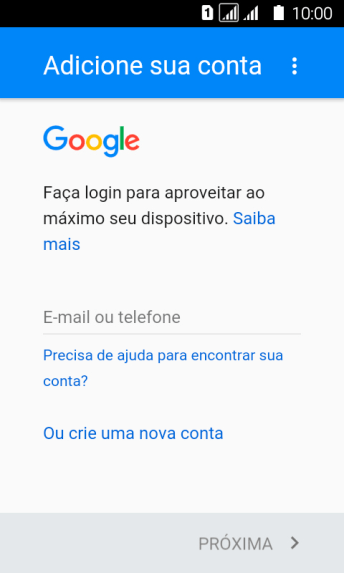 Se você não tiver uma conta Google, deve pressionar Ou crie uma nova conta, e seguir as instruções da tela para instalar uma conta. Se você não tiver uma conta Google, deve pressionar Ou crie uma nova conta, e seguir as instruções da tela para instalar uma conta.