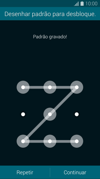 Mova os dedos na tela para conectar pelo menos quatro pontos, e pressione Continuar. Mova os dedos na tela para conectar pelo menos quatro pontos, e pressione Continuar.