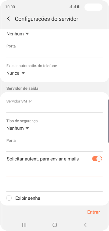 Pressione o campo da senha, e insira a senha do servidor de saída do seu provedor de e-mails. Pressione o campo da senha, e insira a senha do servidor de saída do seu provedor de e-mails.