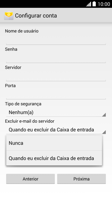 Pressione Nunca para manter os e-mails no servidor, quando você apagá-los do celular. Pressione Nunca para manter os e-mails no servidor, quando você apagá-los do celular.