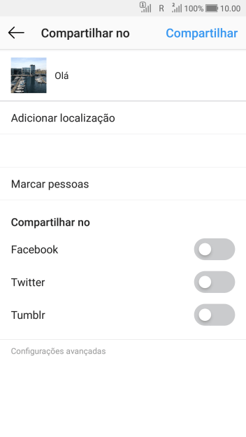 Digite o texto desejado, e pressione Compartilhar. Digite o texto desejado, e pressione Compartilhar.