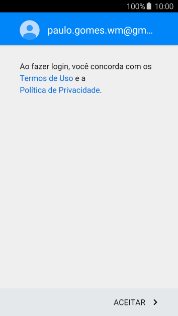 Pressione ACEITAR, e siga as indicações da tela para selecionar as configurações da sua conta Google. Pressione ACEITAR, e siga as indicações da tela para selecionar as configurações da sua conta Google.