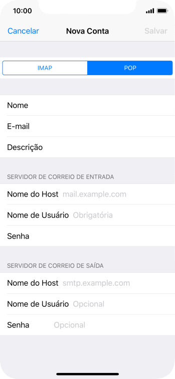 Pressione Nome do Host, e insira o nome do servidor de entrada do seu provedor de e-mails. Pressione Nome do Host, e insira o nome do servidor de entrada do seu provedor de e-mails.