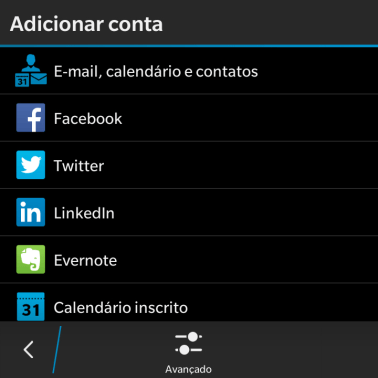 Pressione E-mail, calendário e contatos. Pressione E-mail, calendário e contatos.