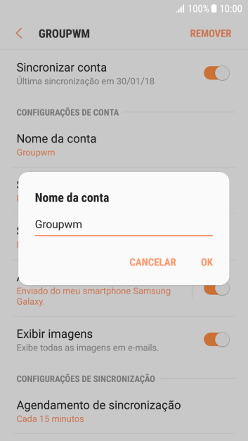 Digite o nome da conta de e-mail, e pressione OK. Digite o nome da conta de e-mail, e pressione OK.
