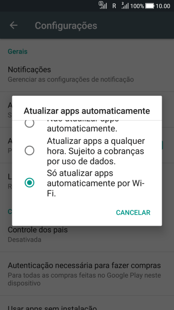 Para ativar a atualização automática de apps via Wi-Fi, você deve pressionar Só atualizar apps automaticamente por Wi-Fi.. Para ativar a atualização automática de apps via Wi-Fi, você deve pressionar Só atualizar apps automaticamente por Wi-Fi..