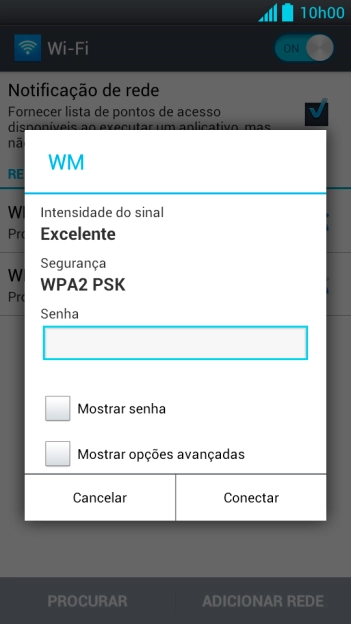 Digite a senha da sua conta da rede Wi-Fi, e pressione Conectar. Digite a senha da sua conta da rede Wi-Fi, e pressione Conectar.