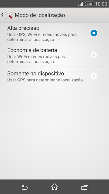 Se você selecionar Alta precisão, o seu celular poderá encontrar sua posição exata com ajuda dos satélites GPS. Se você selecionar Alta precisão, o seu celular poderá encontrar sua posição exata com ajuda dos satélites GPS.