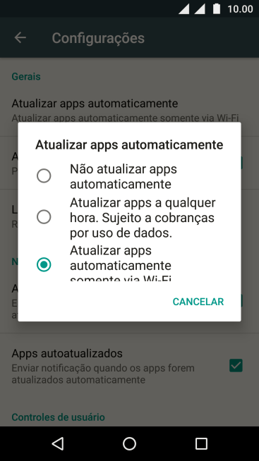Pressione Não atualizar apps automaticamente para ativar ou desativar a função. Pressione Não atualizar apps automaticamente para ativar ou desativar a função.