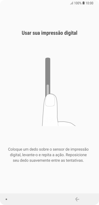 Siga as instruções na tela para configurar o código de bloqueio do celular com impressão digital. Siga as instruções na tela para configurar o código de bloqueio do celular com impressão digital.