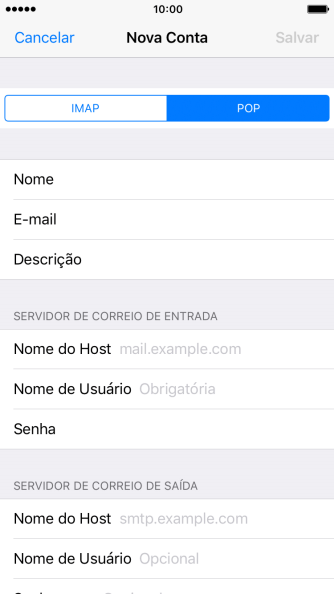 Pressione Nome do Host, e insira o nome do servidor de entrada do seu provedor de e-mails. Pressione Nome do Host, e insira o nome do servidor de entrada do seu provedor de e-mails.
