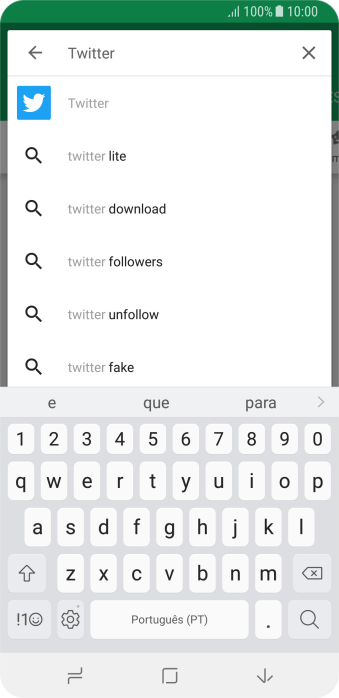 Digite Twitter e pressione o ícone de busca. Digite Twitter e pressione o ícone de busca.