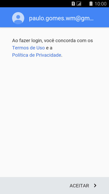 Pressione ACEITAR, e siga as indicações da tela para selecionar as configurações da sua conta Google. Pressione ACEITAR, e siga as indicações da tela para selecionar as configurações da sua conta Google.