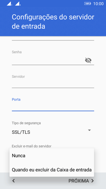 Pressione Nunca para manter os e-mails no servidor, quando você apagá-los do celular. Pressione Nunca para manter os e-mails no servidor, quando você apagá-los do celular.