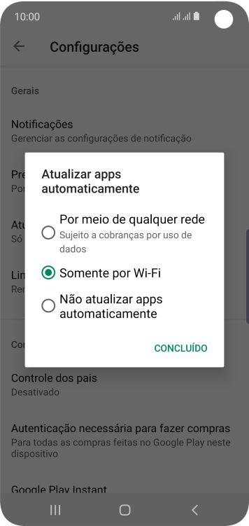 Para ativar a atualização automática de apps via rede celular, você deve pressionar Por meio de qualquer rede Sujeito a cobranças por uso de dados. Para ativar a atualização automática de apps via rede celular, você deve pressionar Por meio de qualquer rede Sujeito a cobranças por uso de dados.