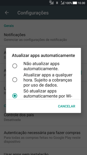 Para desativar a atualização automática de apps, você deve pressionar Não atualizar apps automaticamente.. Para desativar a atualização automática de apps, você deve pressionar Não atualizar apps automaticamente..