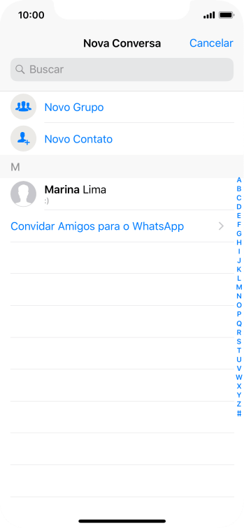 Pressione o campo de busca, e digite as primeiras letras do nome do contato. Pressione o campo de busca, e digite as primeiras letras do nome do contato.