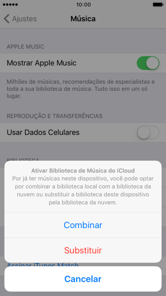 Pressione Combinar para unir a biblioteca de música do celular com a biblioteca de música do iCloud. Pressione Combinar para unir a biblioteca de música do celular com a biblioteca de música do iCloud.