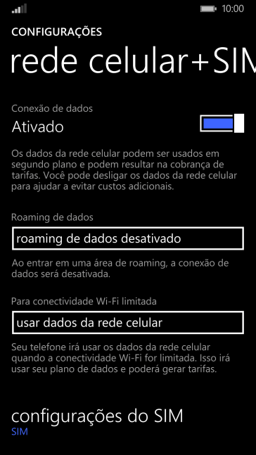 Pressione configurações do SIM. Pressione configurações do SIM.
