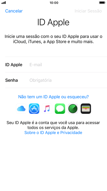 Se você não tiver um ID Apple, deve pressionar Não tem um ID Apple ou esqueceu?, e seguir as instruções da tela para instalá-lo. Se você não tiver um ID Apple, deve pressionar Não tem um ID Apple ou esqueceu?, e seguir as instruções da tela para instalá-lo.