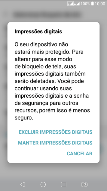 Pressione EXCLUIR IMPRESSÕES DIGITAIS. Pressione EXCLUIR IMPRESSÕES DIGITAIS.