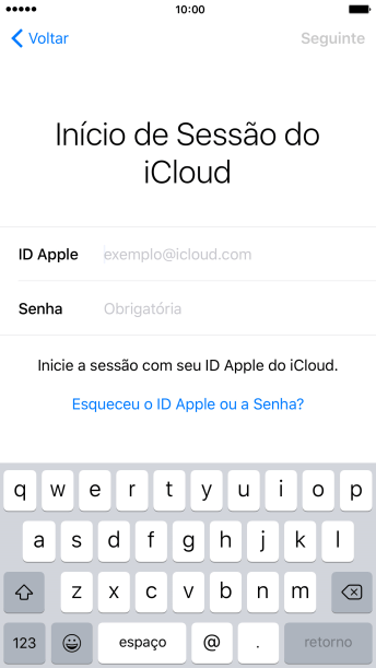 Pressione exemplo@icloud.com, e digite o nome de usuário do seu ID Apple. Pressione exemplo@icloud.com, e digite o nome de usuário do seu ID Apple.
