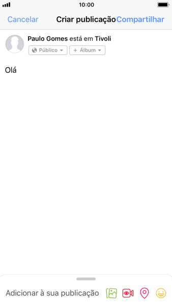 Digite o texto desejado, e pressione Compartilhar. Digite o texto desejado, e pressione Compartilhar.