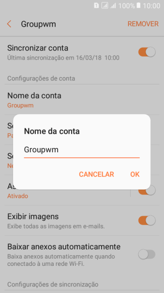 Digite o nome da conta de e-mail, e pressione OK. Digite o nome da conta de e-mail, e pressione OK.